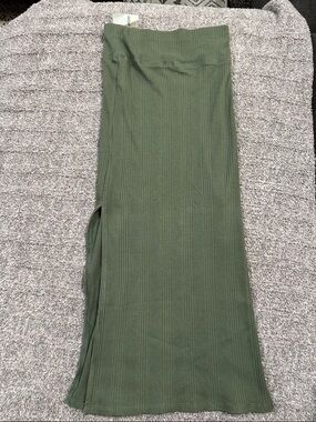 aerie Olive Ribbed Maxi Skirt with Side Slit